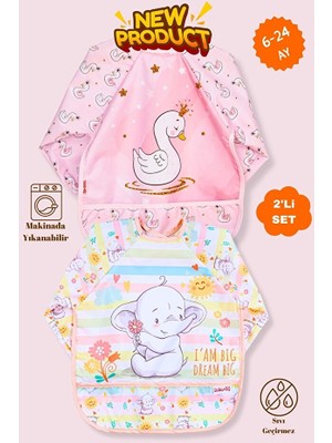 UmBaby 2’li Bebek Mama Önlüğü Seti – Unicorn ve Fil Baskılı, Sıvı Geçirmez Uzun Kollu Önlük