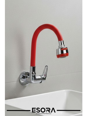 Esora Duvardan Tek Su Çıkışlı Kırmızı 2 Fonksiyonlu Spiral Oynar Borulu Lavabo Mutfak Bataryası
