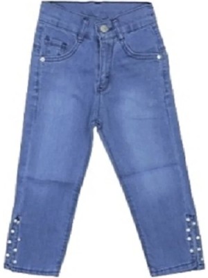 Egecan Paçası Yırtmaçlı, Taşlı Açık Mavi Kız Çocuk Kot Pantolon 3171