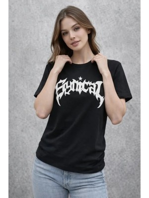 Gökyüzü Moda Bisiklet Yaka Ön Baskılı  Kısa Kollu Tişört Streetwear Günlük Basic Pamuklu T-Shirt - Siyah