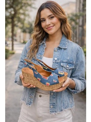 M&B COLLECT Kadın Mantara Mavi Kot 10 cm Dolgu Topuklu Mantar Taban Önü Arkası Acık Ayakkabı