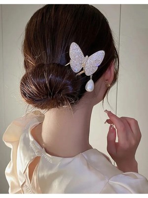 Caş Dekorasyon Altın Renk Kelebekli Incili Metal Topuz Tokası