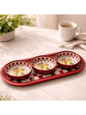 Sarkap Home 3'lü 10x3,2 cm Çerezlik ve 16x35 cm Sunumluk Tepsi Seti - Lemon Design Kırmızı