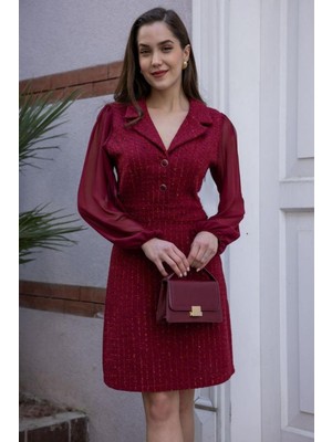 Zy Plus Bordo Ceket Yaka Kollar Şifon Kışlık Ceket Elbise