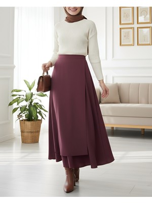 Modamorfo Önü Çapraz Çift Katlı Scuba Etek -Bordo