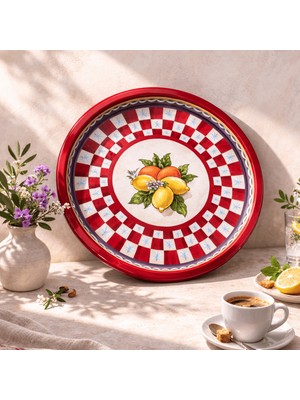 Sarkap Home 34 cm Lemon Design Kırmızı Metal Tepsi