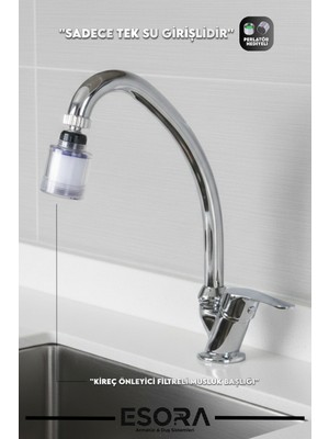 Esora Krom Mermerden Tek Su Girişli Kireç Önleyici Filtreli Musluk Başlığı Lavabo Bataryası