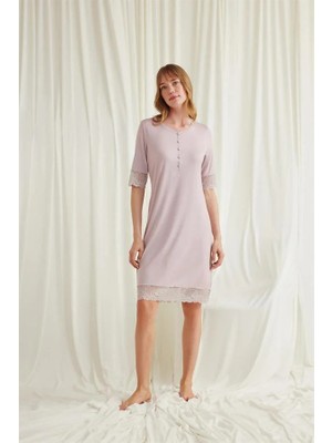 Aesco Dantel Detaylı Kısa Kollu ve Önü Düğmeli Gecelik