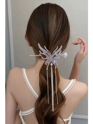 Caş Dekorasyon Rose Renk Kelebekli Taşlı Sallantılı Topuz Tokası