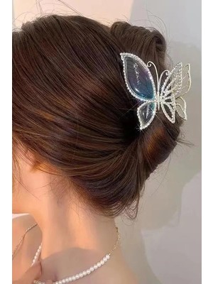 Caş Dekorasyon Gümüş Renk Kelebek Model Taşlı Metal Mandal Toka