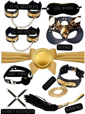 Gold Sapsarı Deri Fantazi Kelepçe Maske Tasma Kırbaç Seti 8'li Sıra Sende