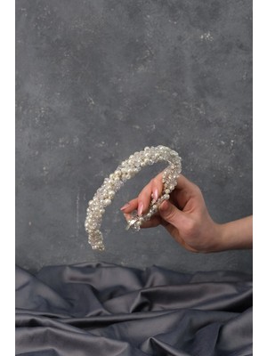 Yogun Incili Kristal Boncuklu Gelin Tacı