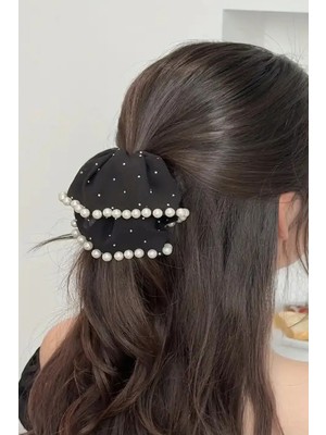 Caş Dekorasyon Siyah Renk Incili ve Taşlı Simit Toka