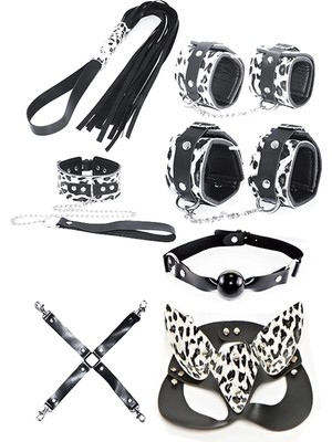 Leopar Ilgi Çekici Deri Fantazi Kelepçe Maske Tasma Kırbaç Seti 7'li Sıra Sende