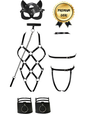 Amora Fancy Clothing Deri Görünümlü 4’lü Aksesuar Seti – Maske, Tasma, Full Body ve Bacak Bandı