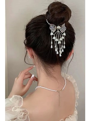 Caş Dekorasyon Altın Renk Incili ve Taşlı Sallantılı Topuz Tokası