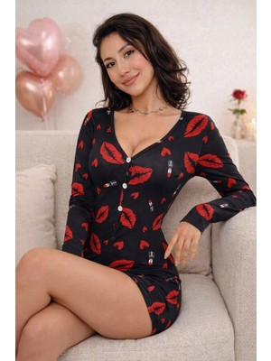 Byen Giyim Kadın Uzun Kollu Düğmeli Mini Fantezi Gecelik – Esnek Kumaş, V Yaka