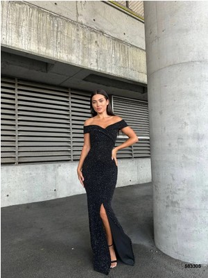 Byen Giyim Taş Işlemeli Off-Shoulder V Yaka Sarmal Kesim Şık Uzun Abiye Elbise – Siyah