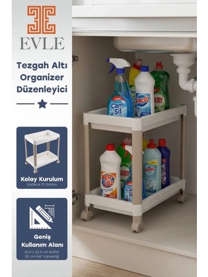 Evle 2 Katlı Tekerlekli Tezgah Altı Raf Düzenleyici Organizer, Banyo Lavabo Altı Düzenleyici "Antrasit"