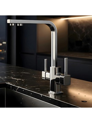 3 Yollu Arıtmalı Krom Kare Mutfak Bataryası – Pirinç Gövde
