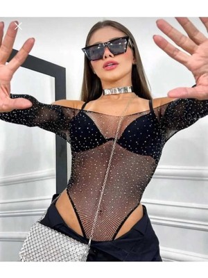 Hayat Bazenel Renkli Dünya Fantezi Giyim Taşlı Bodysuit Gece Şıklığı