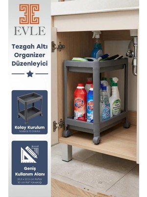 Evle 2 Katlı Tekerlekli Tezgah Altı Raf Düzenleyici Organizer, Banyo Lavabo Altı Düzenleyici "Antrasit"