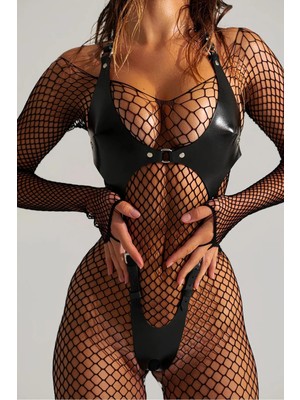 Amora Fancy Clothing Siyah Deri Halkalı Body