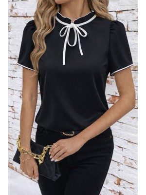 Arben Boutique Kadın Kısa Kollu Yakası Fırfırlı Bağcıklı Janjan Krep Bluz