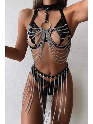 Byen Giyim Kadın Siyah Fantazi Zincirli Deri Sütyen Takımıbüyük Beden