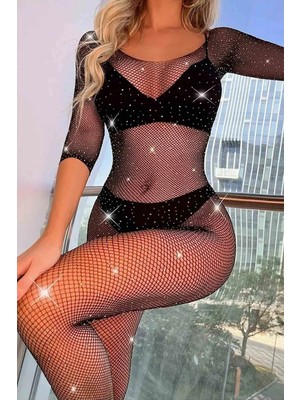 Hayat Bazenle Renkli Dünya Özel Bölgesi Açık Tam Boy Fantezi Taşlı Vücut Çorabı