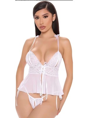 Byen Giyim Kadın Renkli Dünya Beyaz Dantelli Babydoll Gecelik