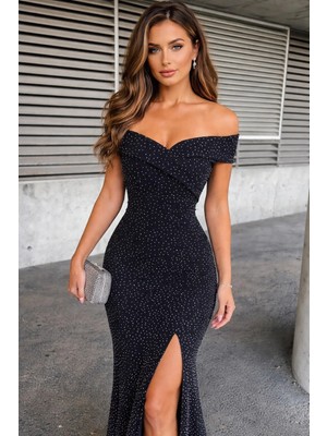 Byen Giyim Taş Işıltılı Omuz Açık Şık Yırtmaçlı Uzun Gece Elbisesi – Siyah”