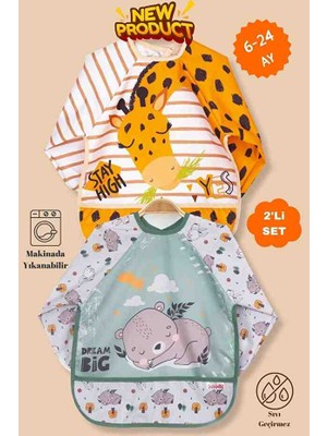 UmBaby 2'li Uzun Kollu Giyilebilir Zürafa-Sevimli Ayı Desen Sıvı Geçirmez Aktivite ve Mama Önlüğü 6-24 Ay