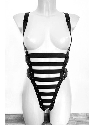 Byen Giyim Özel Renkli Dünya Bağlamalı Siyah Harness Deri Esaret Seti Kostümü