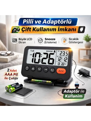 MultiZone Katlanır LCD Dijital Masa Saati 10X8 cm Çalar Saat Takvim Sıcaklık LED Pilli