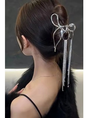 Caş Dekorasyon Gümüş Renk Kurdeleli Taşlı Metal Mandal Toka