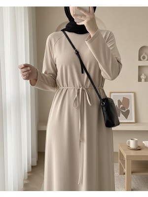 Modamorfo Yuvarlak Yaka Beli Bağlamalı Oysho Elbise -Bej