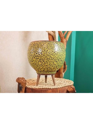 Tasarımı Ev Dekorasyon Hardal Sarısı Şekilli Artistik Çift Sırlı Iç ve Dış Mekan Kullanımlı Ayaklı Toprak Terakota Saksı Saksılık Çiçeklik