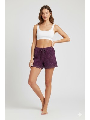 MELENERS Düz Renk Mini Çiçek Desenli Penye Kadın Ev Şortu Bacak Dantel Detaylı Ev Giyim Gül Kurusu