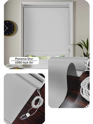 YS Perde Tasarım Panama Mat Keten Ekstra Kalın Lüx Güneşlik Stor Perde, Alüminyum Kasalı Yüksek Kaliteli - Açık Gri PNM/QZW1120