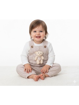 Genel Kız Çocuk Oyuncak Ayılı Keten Slopet Elbise Takım 9 Ay, 12 Ay, 18 Ay