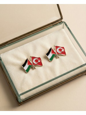 Zaytoon 02\'lu Türkiye ve Filistin Bayarkları Simgesi Altın Renkli Özel Tasarımlı Unisex Yaka Rozeti A300030-02