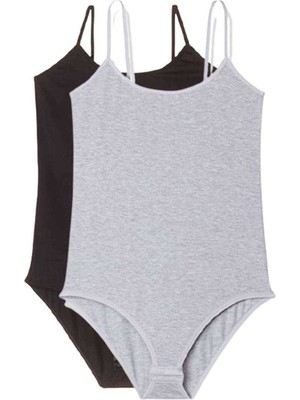 MELENERS 2 Adet Ip Askılı Kadın Çıtçıtlı Body Siyah ve Gri