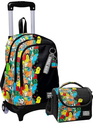 High Işıklı Tekerlekli Çekçek Okul Çanta + Isı Yalıtımlı Beslenme Çantası - Erkek Çocuk - Siyah Hayaletler