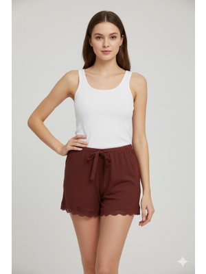 MELENERS Bambu Fitilli Kadın Ev Şortu Bacak Dantel Detaylı Ev Giyim Koyu Taba