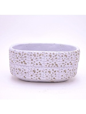 Botanik Gül Desenli Oval Aranjman Beton Kaktüs Çiçek Saksısı Beyaz Renk 16 x 8 x 8 cm