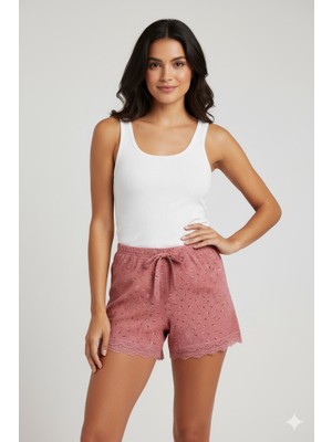 MELENERS Düz Renk Mini Çiçek Desenli Penye Kadın Ev Şortu Bacak Dantel Detaylı Ev Giyim Pembe