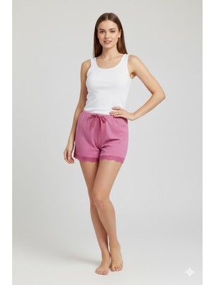 MELENERS Bambu Fitilli Kadın Ev Şortu Bacak Dantel Detaylı Ev Giyim Fuşya