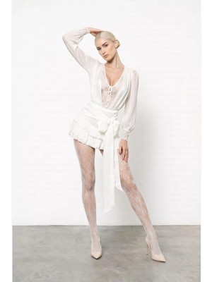 GILLA'S QUEEN Kadın Beyaz Dantel Detaylı Fiyonklu Mini Zarif Tasarım Elbise