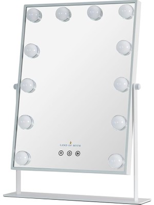 Of Myth - LOM2085 Hollywood Style 3 Renk LED Işıklı Makyaj Aynası, Dokunmatik, 360° Döner Metal Çerçeve (Beyaz)